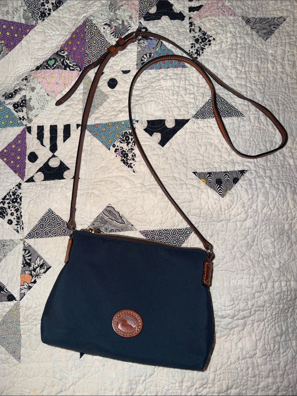 Dooney & Bourke Navy Crossbody with Brown Leather Trim and Strap